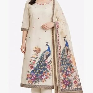 Peacock Print Women's Indian Kurta Dress+pants+shawl 3pc Set BRAND NEW